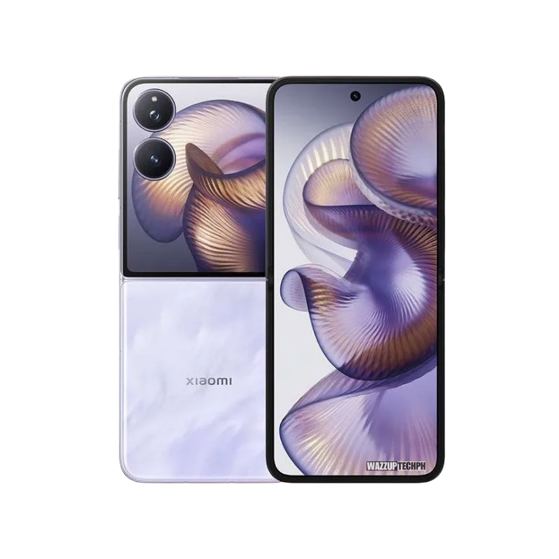 A sleek purple Xiaomi Mix Flip 2 5G smartphone is shown both closed and open. The closed phone displays the Xiaomi logo, while the open phone reveals a vibrant abstract purple and gold design on its inner screen.