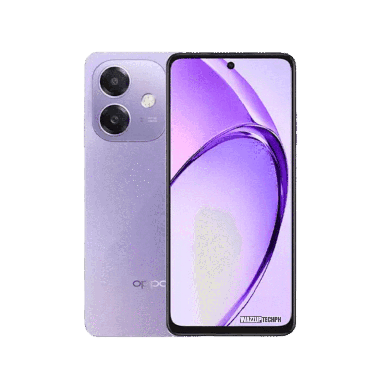 Oppo A5i A lilac purple Oppo A5i smartphone is shown, displaying its rear camera setup and a partially visible screen.