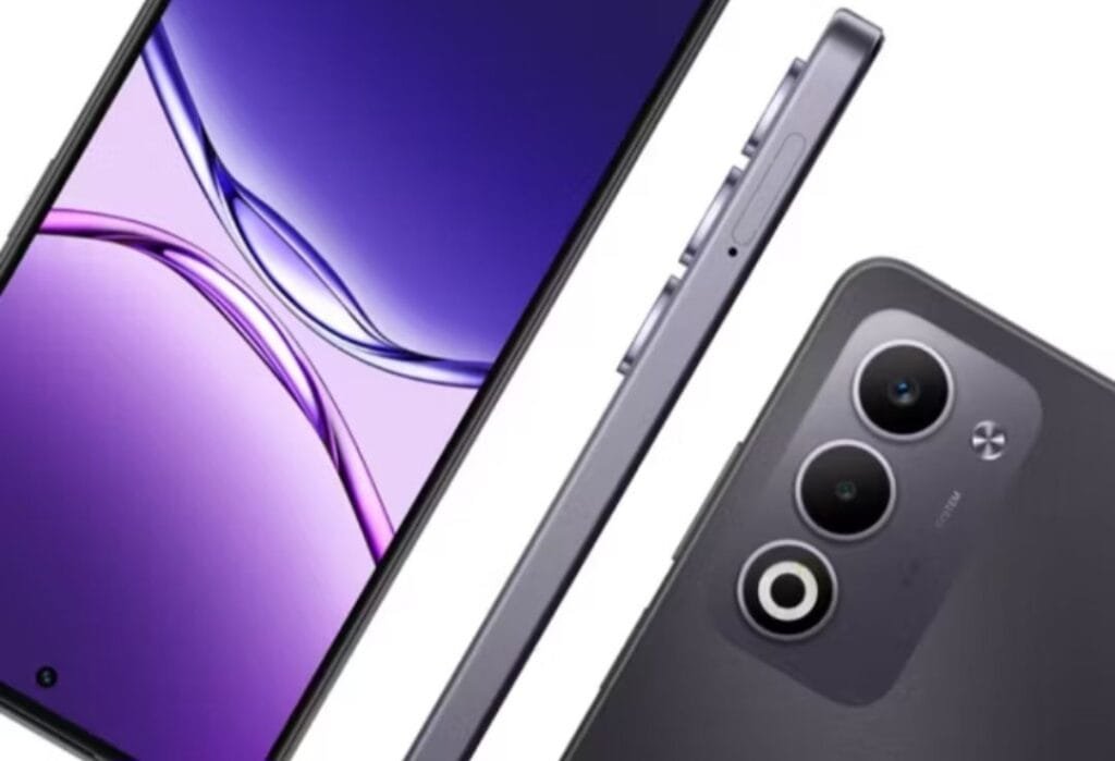 Oppo A5i Pro | Snapdragon 6s 4G Gen 1, IP65 Rating, and 6,000mAh Battery 3 Three views of the Oppo A5i Pro smartphone. The first shows the front display with a purple abstract design. The second displays the side profile highlighting the phone's slim design and button placement. The third image showcases the rear of the phone, emphasizing its triple-lens camera system and subtle design elements.