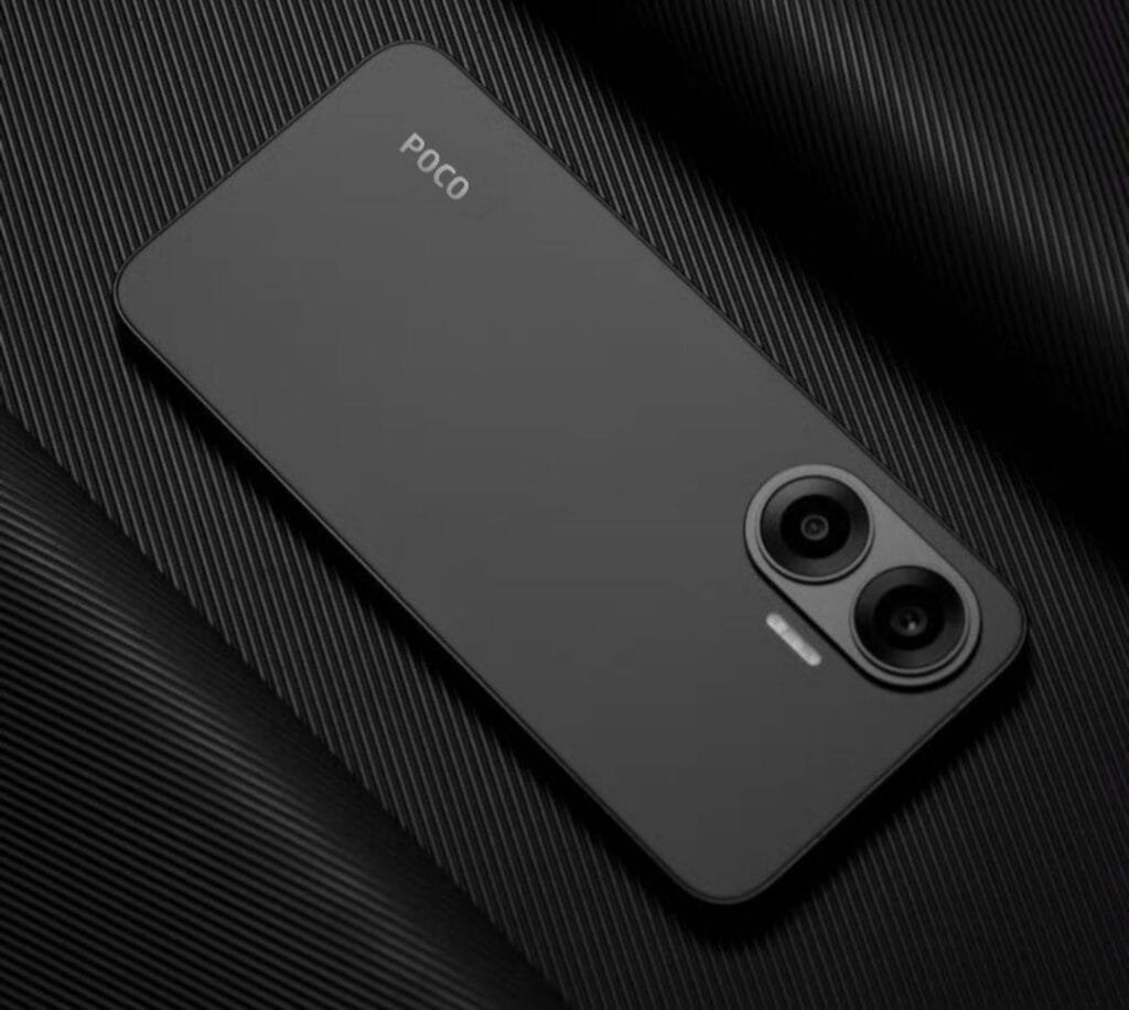 Black Poco F7 5G smartphone displayed on a dark textured surface, showcasing its rear camera design.