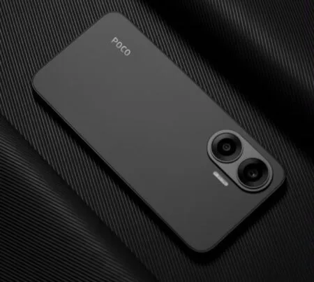 Poco F7 5G Expected to Launch in India by the End of June Black Poco F7 5G smartphone displayed on a dark textured surface, showcasing its rear camera design.