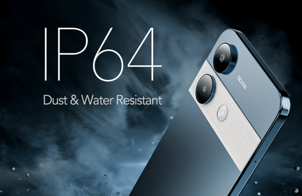 Lava Storm Play Launched in India | World's First Dimensity 7060 Phone 4 The Lava Storm Play phone shown with water droplets, emphasizing its IP64 rating for dust and water resistance. The phone's dual-camera system is also visible.