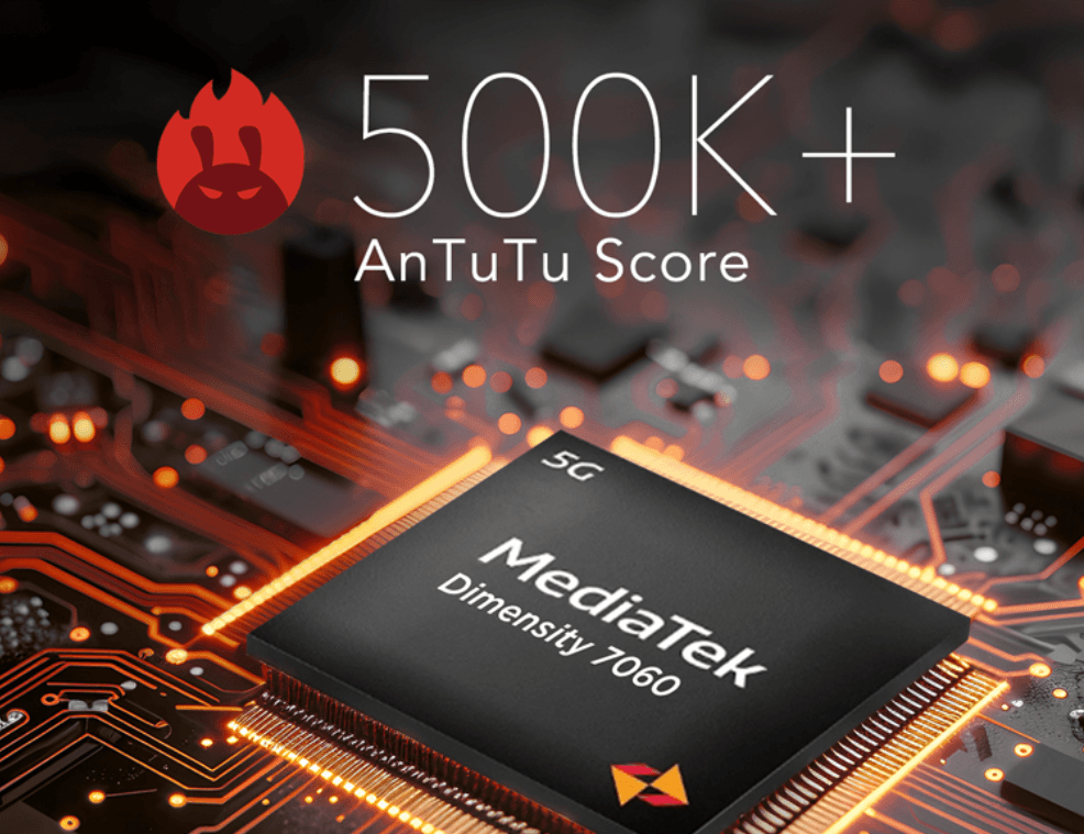 Lava Storm Play Launched in India | World's First Dimensity 7060 Phone 2 Close-up of a MediaTek Dimensity 7060 chip on a circuit board, highlighting its high AnTuTu benchmark score of over 500,000.