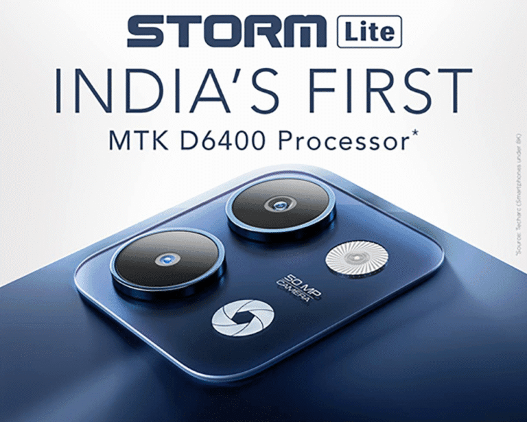 Lava Storm Lite 5G Launched in India | World’s First with Dimensity 6400 Chip The back of the Lava Storm Lite 5G smartphone, showcasing its triple-camera system with a prominent 50MP main lens and the text "INDIA'S FIRST MTK D6400 Processor" above.