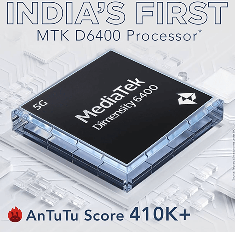 Lava Storm Lite 5G Launched in India | World’s First with Dimensity 6400 Chip 3 Close-up of the MediaTek Dimensity 6400 5G processor chip, highlighting its use in the Lava Storm Lite 5G and its benchmark AnTuTu score exceeding 410,000.