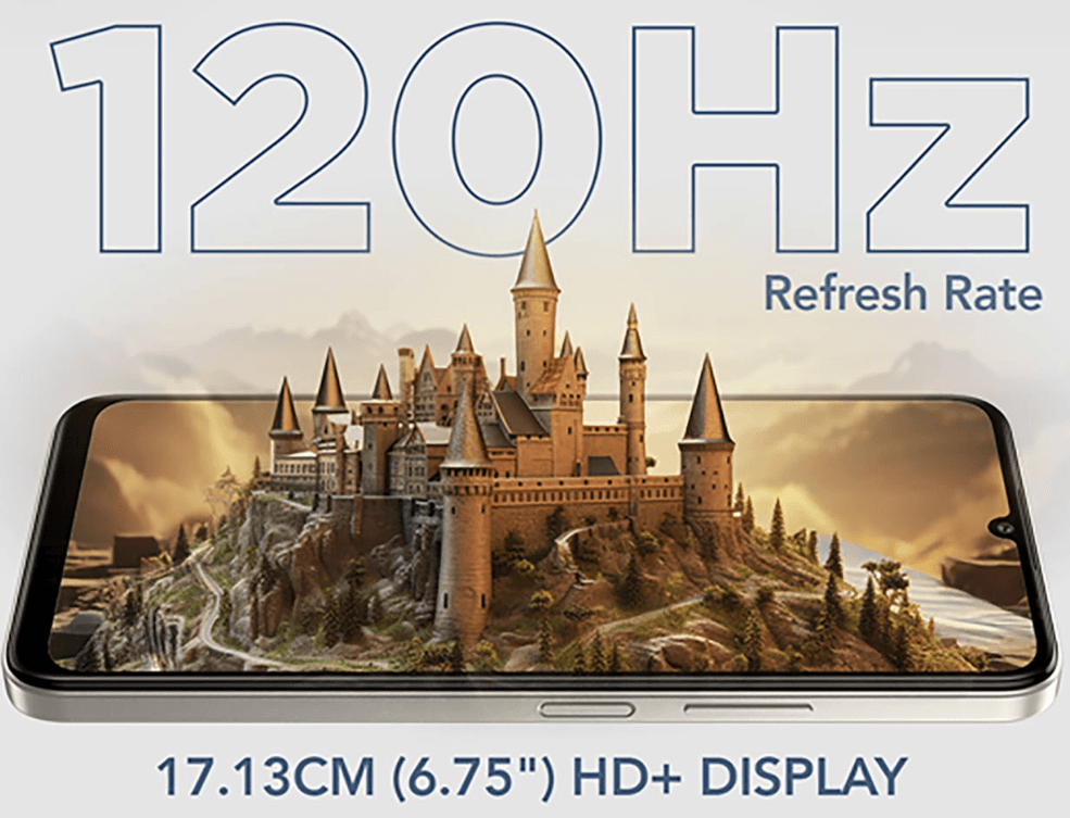 Lava Storm Lite 5G Launched in India | World’s First with Dimensity 6400 Chip 2 The Lava Storm Lite 5G smartphone displaying a vibrant image of a castle on a hill, highlighting its 17.13cm (6.75") HD+ display with a 120Hz refresh rate.