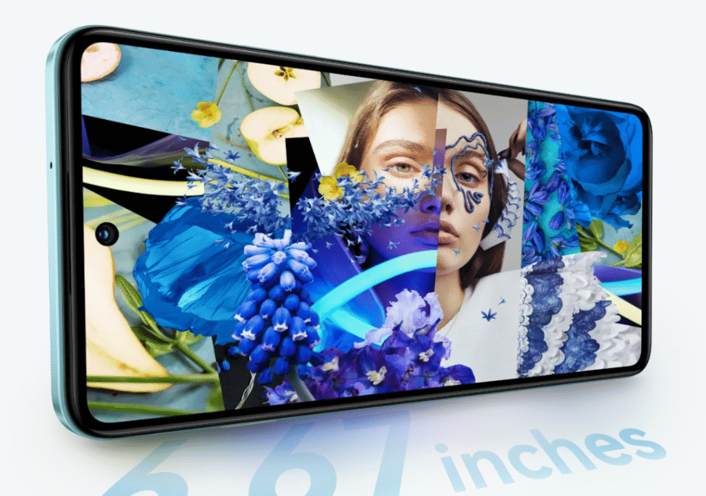 Huawei Nova Y73: 6.67" IPS LCD, Kirin 710A, and Massive 6,620mAh Battery 2 A close-up of the Huawei Nova Y73 smartphone, highlighting its 6.67-inch display. The screen shows a colorful collage featuring a woman's face, flowers, and fruits, demonstrating the screen's vibrant color reproduction.