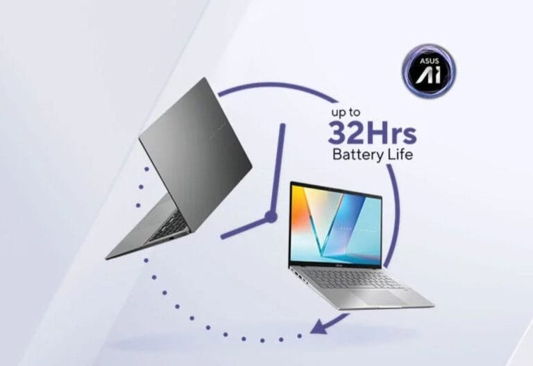 Two silver Asus Vivobook S14 laptops are shown, one open and one closed, orbiting a clock graphic indicating up to 32 hours of battery life. The Asus AI logo is also featured.
