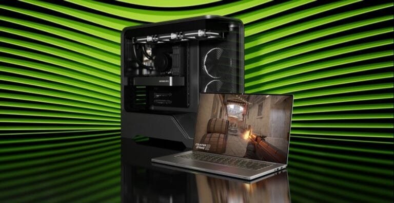 A sleek silver laptop displaying a Counter-Strike 2 game scene, positioned in front of a high-end PC tower featuring an Nvidia GeForce RTX 5050 graphics card. The background is a stylized green and black pattern.