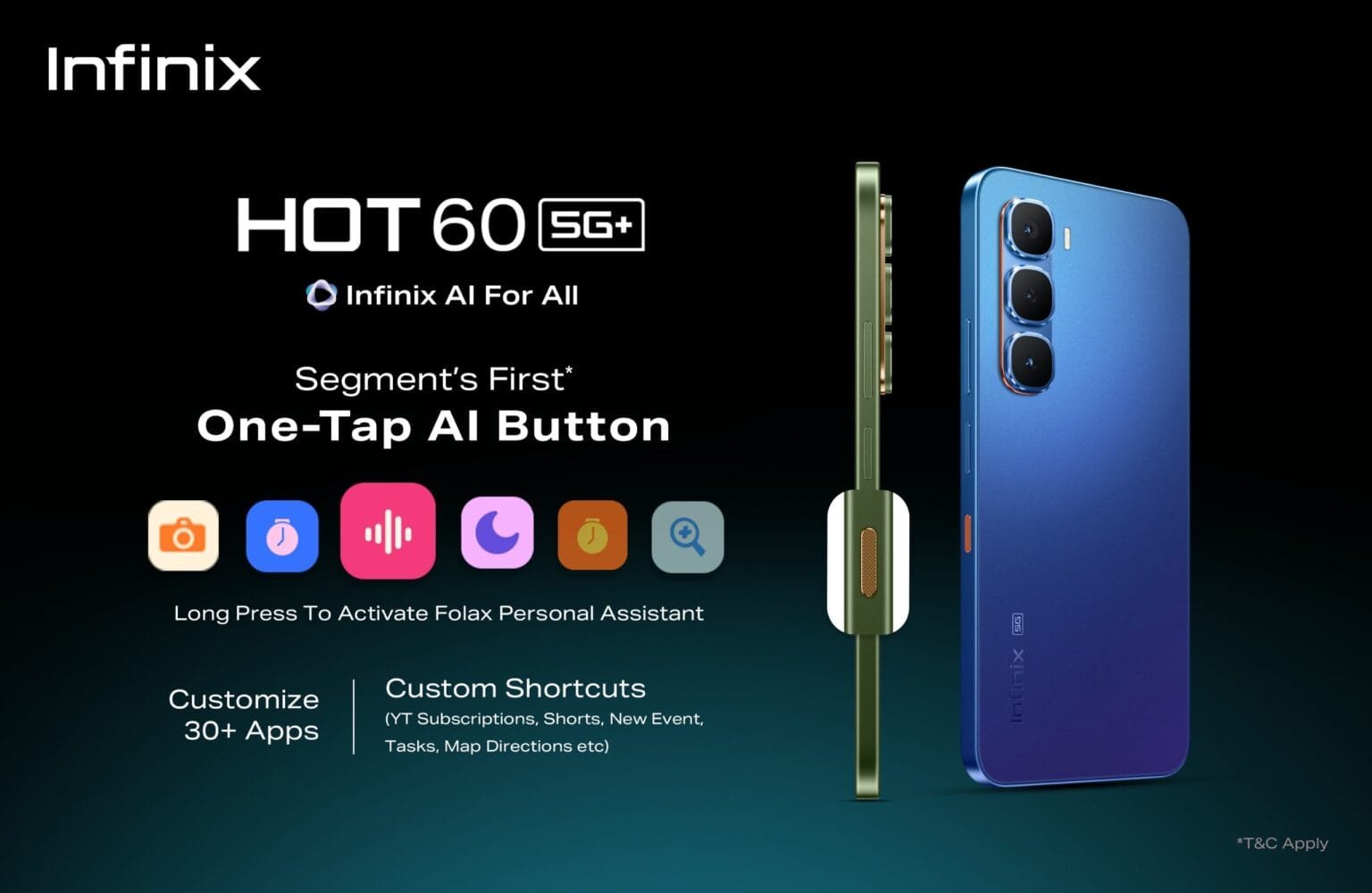 Infinix Hot 60 5G Launching in India w/ Segment’s 1st One-Tap AI Button Promotional image of the Infinix Hot 60 5G, featuring a sleek design and emphasizing its unique One-Tap AI button. The image also shows customizable app shortcuts and the ability to activate a personal assistant (Folax) via a long press.
