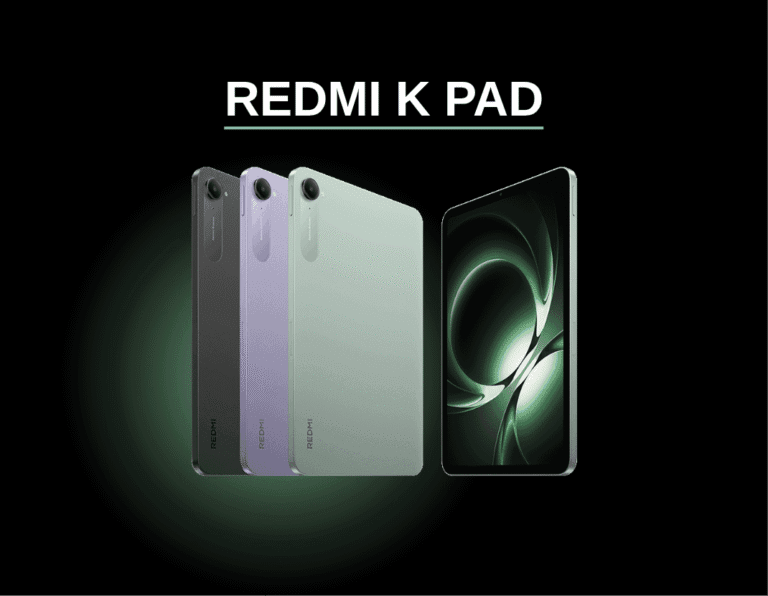 Product shot of the Redmi K Pad (Xiaomi Pad Mini) global version. Three tablets are displayed in black, light purple, and light green, alongside a larger image showcasing the tablet's screen.