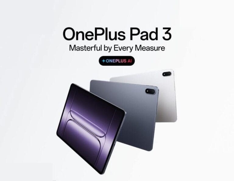OnePlus Pad 3 | 13.2″ LCD, SD 8 Elite, and 12,140mAh Battery A collage highlighting key features of the OnePlus Pad 3: a large 12,140mAh battery, the ability to run up to three apps simultaneously, integrated OnePlus AI features, and the included Stylo 2 pen and Smart Keyboard.