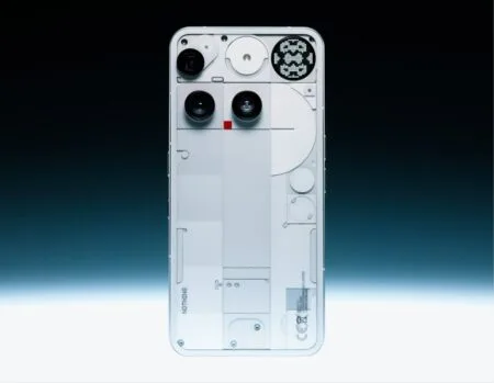 The Nothing Phone 3's back panel, featuring a transparent design that reveals internal components, a Glyph interface, and a system of multiple cameras.