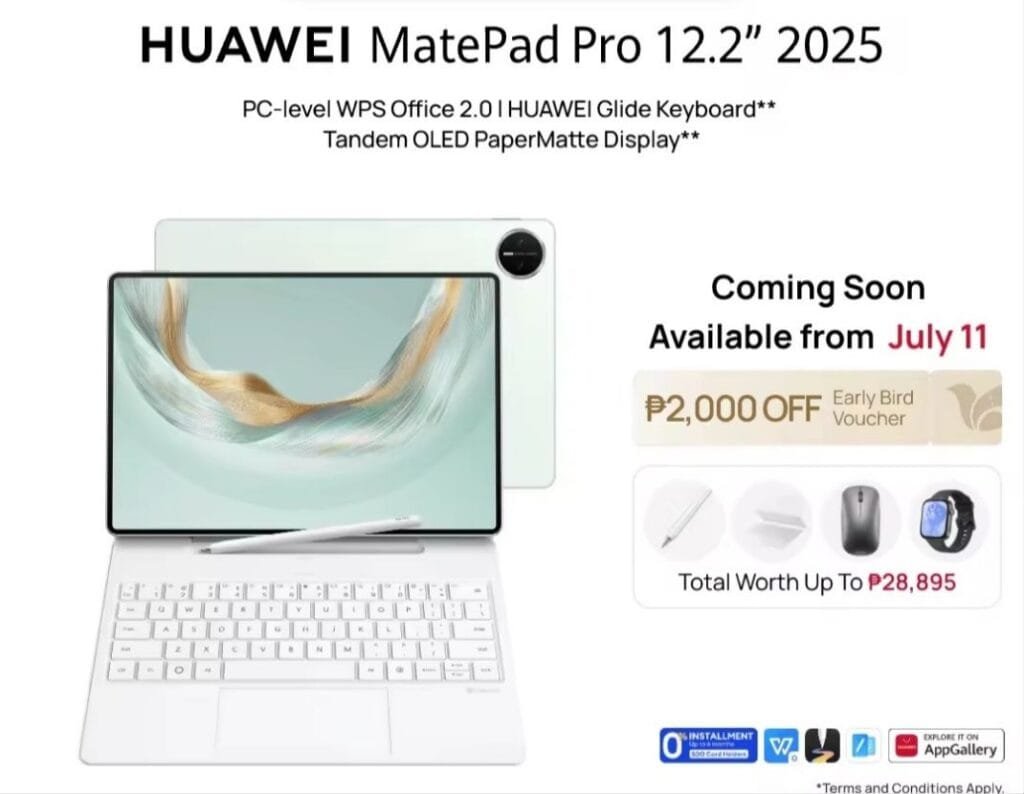 Huawei MatePad Pro 12.2 (2025) | OLED PaperMatte and Kirin T92A A white Huawei MatePad Pro 12.2" (2025) tablet is shown with its detachable keyboard and stylus. The image also includes details about a pre-order offer with a discount and bundled accessories.