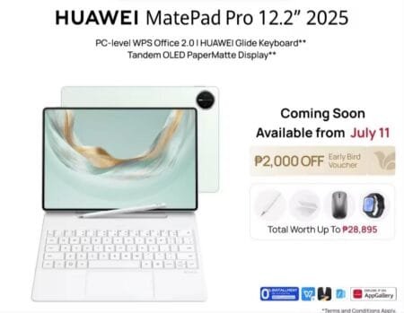 Huawei MatePad Pro 12.2 (2025) | OLED PaperMatte and Kirin T92A A white Huawei MatePad Pro 12.2" (2025) tablet is shown with its detachable keyboard and stylus. The image also includes details about a pre-order offer with a discount and bundled accessories.