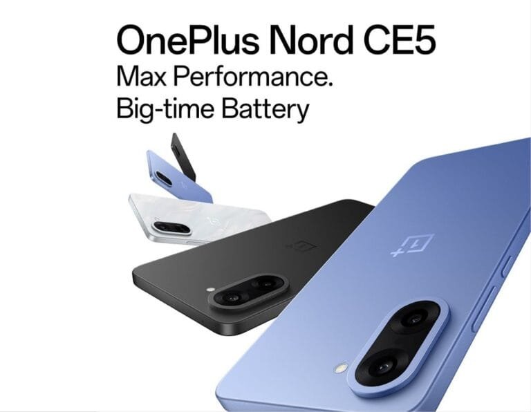 OnePlus Nord CE5 Launched in India | MediaTek Dimensity 8350 Apex Multiple OnePlus Nord CE5 smartphones shown from different angles, highlighting the phone's design and color options.