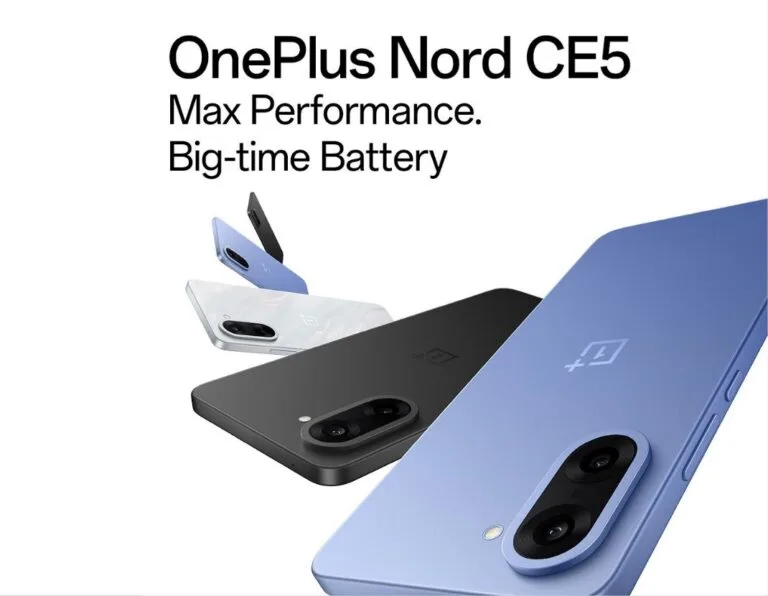 Multiple OnePlus Nord CE5 smartphones shown from different angles, highlighting the phone's design and color options.