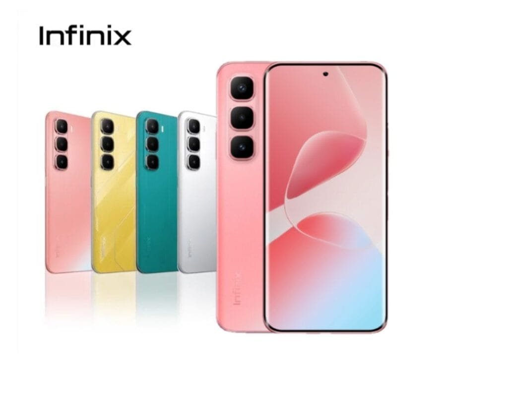 A promotional image showcasing the Infinix Hot 60 Pro+ smartphone in pink, yellow, teal, and white. The phone is displayed from both the front and back.