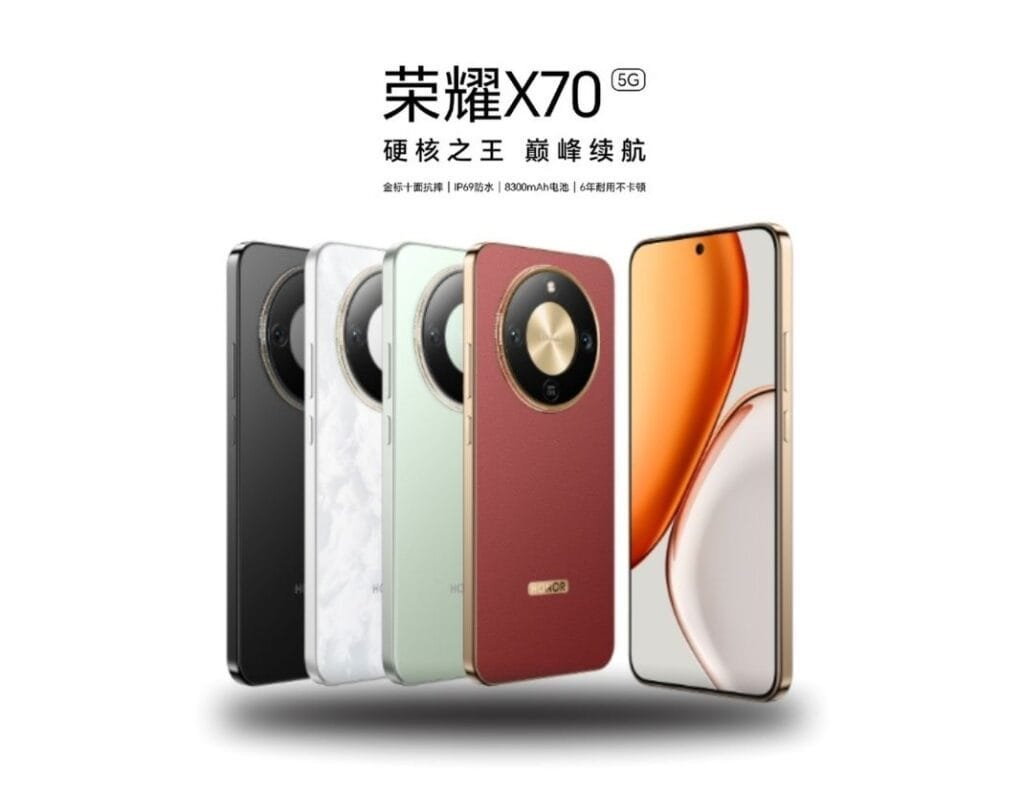 A promotional image showcasing the Honor X70 smartphone in four color options: black, white marble, light green, and burgundy. The phone features a distinctive circular camera module. The text overlay is in Chinese, highlighting key features like its large battery and durability.