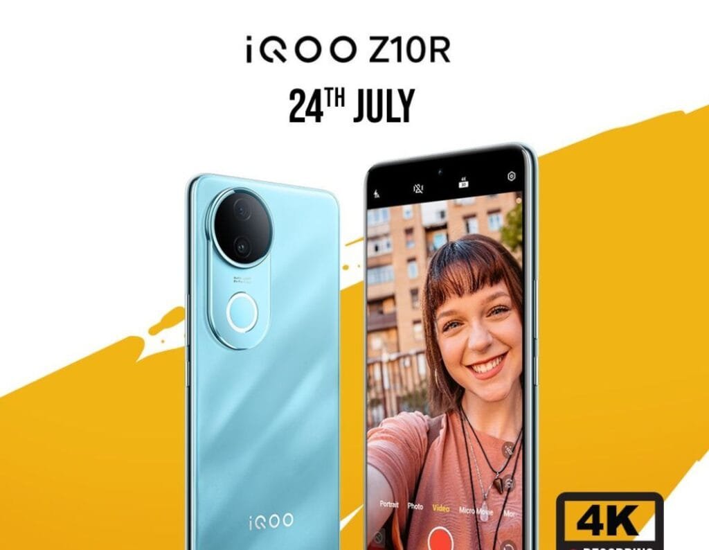 A collage showcasing the key features of the iQOO Z10R smartphone. Highlights include a large battery, powerful processor, high-resolution camera for vlogging, a vibrant AMOLED display, water and dust resistance, immersive audio, and fast charging.
