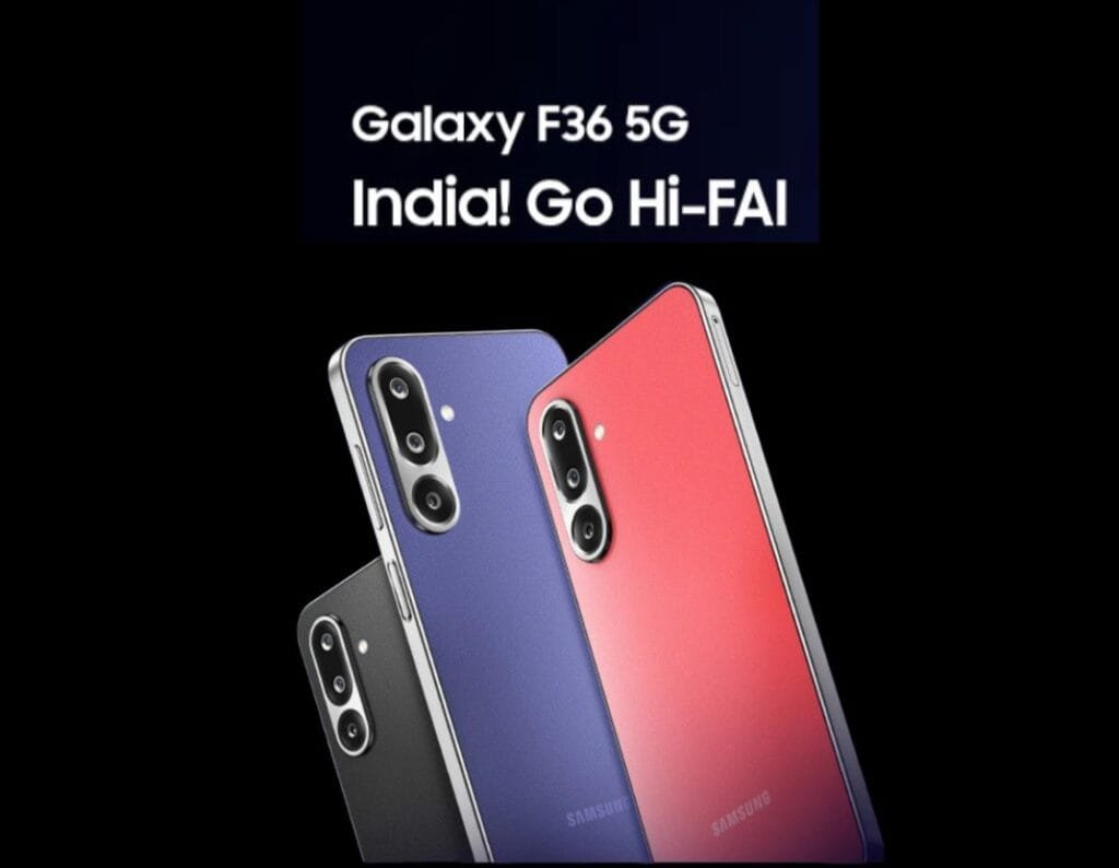 Three Samsung Galaxy F36 5G smartphones displayed, showcasing the Coral Red, Luxe Violet, and Onyx Black color options.