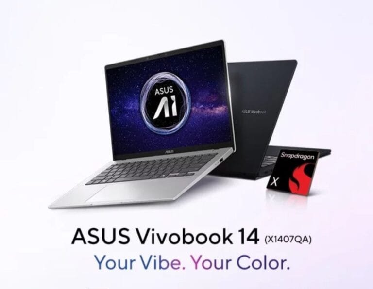 A promotional image features the new Asus Vivobook 14 (X1407QA) laptop. A silver-colored laptop is prominently displayed, slightly angled, with its screen showing the Asus AI logo against a dark, starry background. A closed black Asus Vivobook laptop is partially visible behind it. A Snapdragon X processor chip is shown separately below. The tagline reads "Your Vibe. Your Color."