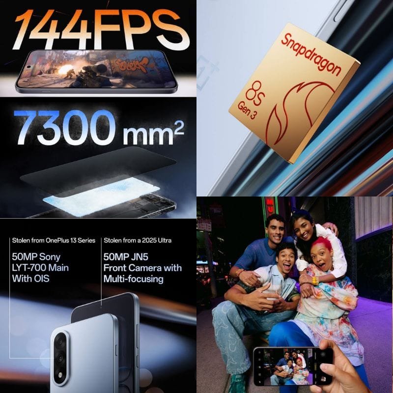 OnePlus phone showcasing key features: 144fps display, Snapdragon 8s Gen 3 processor, 7300 mm² heat dissipation area, 50MP Sony main camera with OIS, and 50MP JN5 front camera with multi-focusing.
