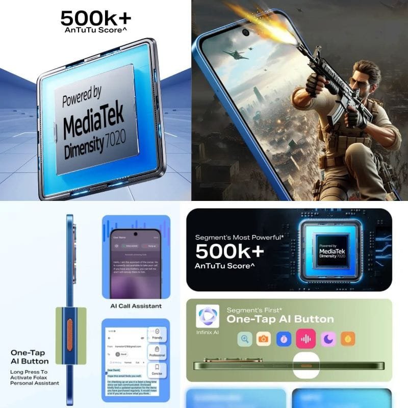 Promotional image of the Infinix Hot 60 5G, highlighting its key features: a sleek, slim profile; the innovative One-Tap AI button for quick access to AI features like Folax; a powerful MediaTek Dimensity 7020 processor; and an Antutu benchmark score over 500,000.