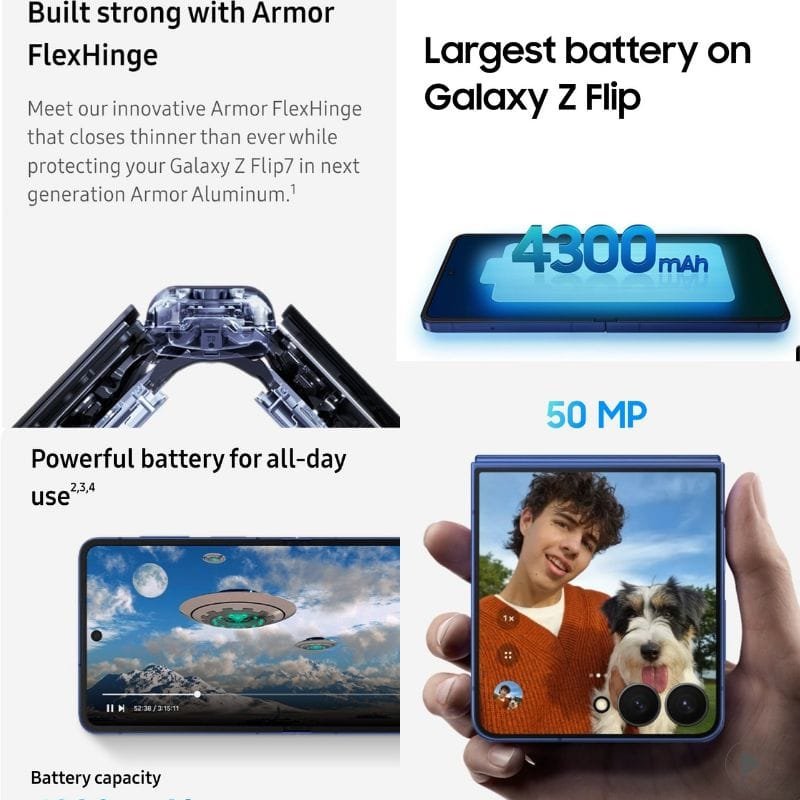 Collage showcasing key features of the Samsung Galaxy Z Flip7: a cutaway of its Armor FlexHinge, a graphic highlighting its 4300mAh battery, and a person using the phone's 50MP camera to take a selfie with their dog.