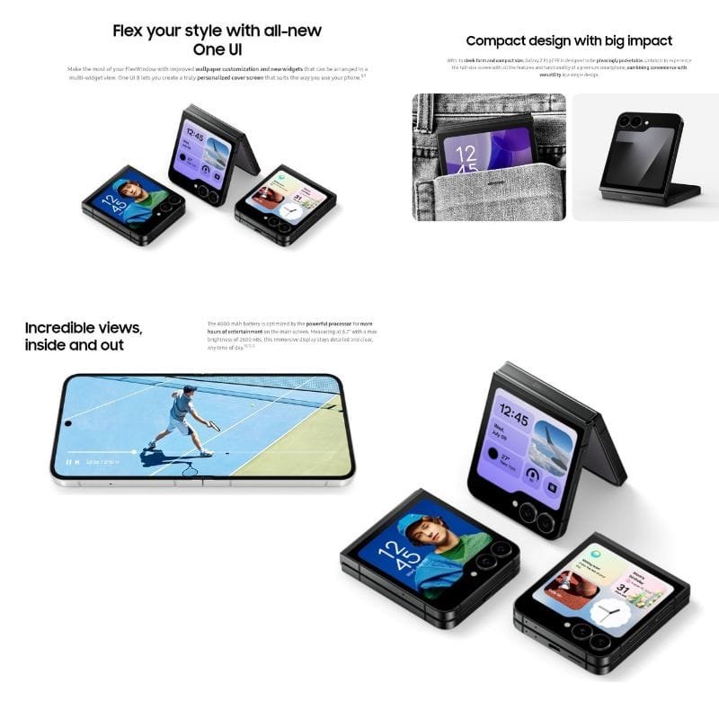 Multiple images highlight the Samsung Galaxy Z Flip7 FE's key features: its foldable form factor, the customizable One UI interface on both the main and cover screens, its compact size easily fitting in a pocket, and the vibrant display for watching videos and viewing photos.