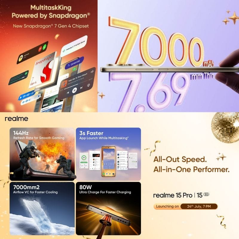 A promotional graphic for the Realme 15 Pro and Realme 15 5G smartphones. The image showcases key features including a large 7000mAh battery, a slim 7.69mm profile, a 144Hz refresh rate display, the Snapdragon 7 Gen 4 processor, and 80W fast charging. The graphic also highlights improved multitasking speed. Launch date: July 24th.