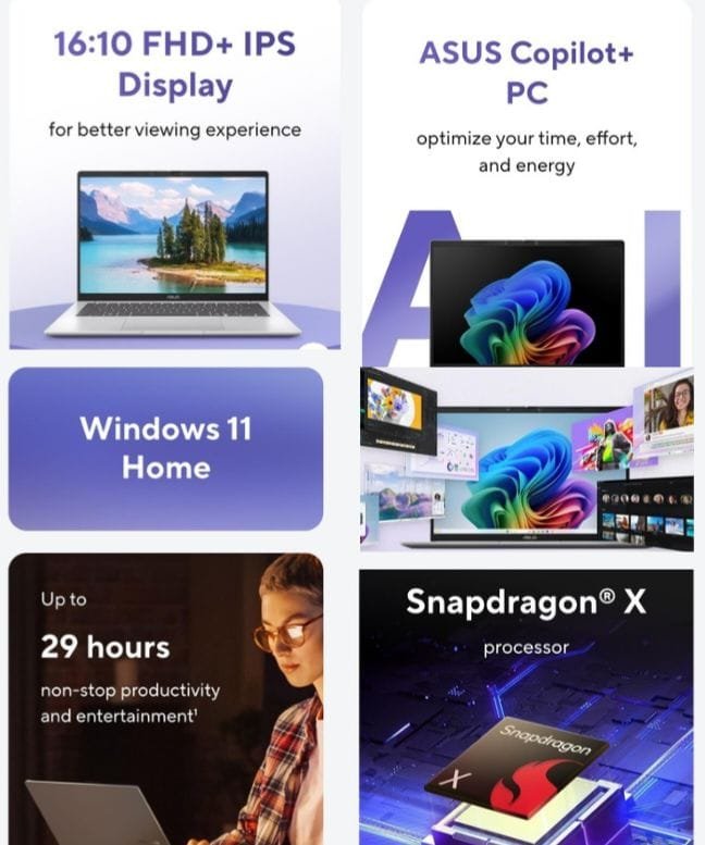 A promotional image showcasing the Asus Vivobook 14's features. Four panels highlight: a vibrant 16:10 FHD+ IPS display, the AI-powered Asus Copilot+ PC experience, the Windows 11 Home operating system, and the impressive up to 29-hour battery life enabled by the Snapdragon X processor.