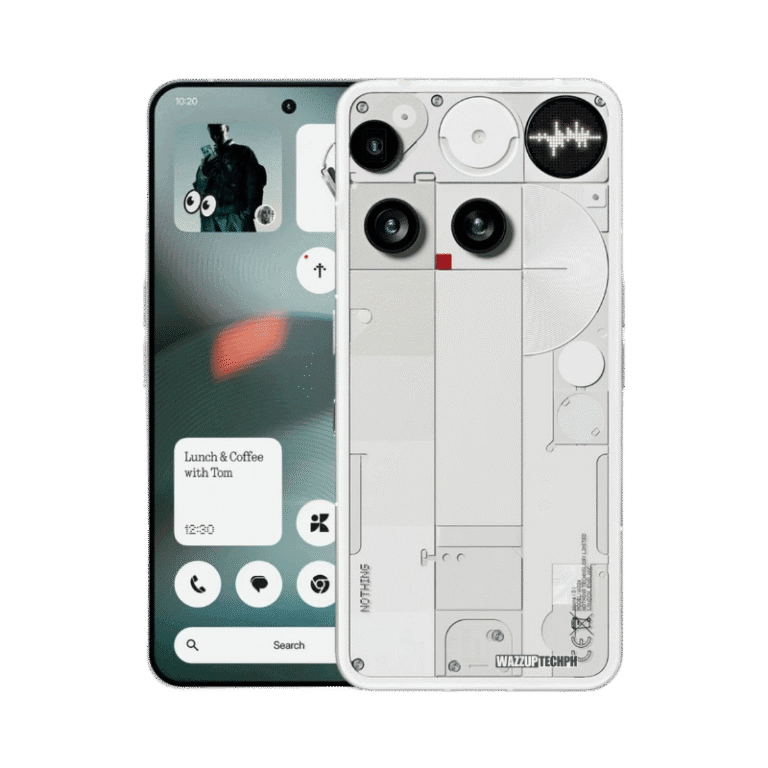 Phone (3) A white Nothing Phone (3) 5G is shown from the front and back. The back is transparent, revealing internal components and the Glyph Interface lighting system. The front displays a minimalist user interface.