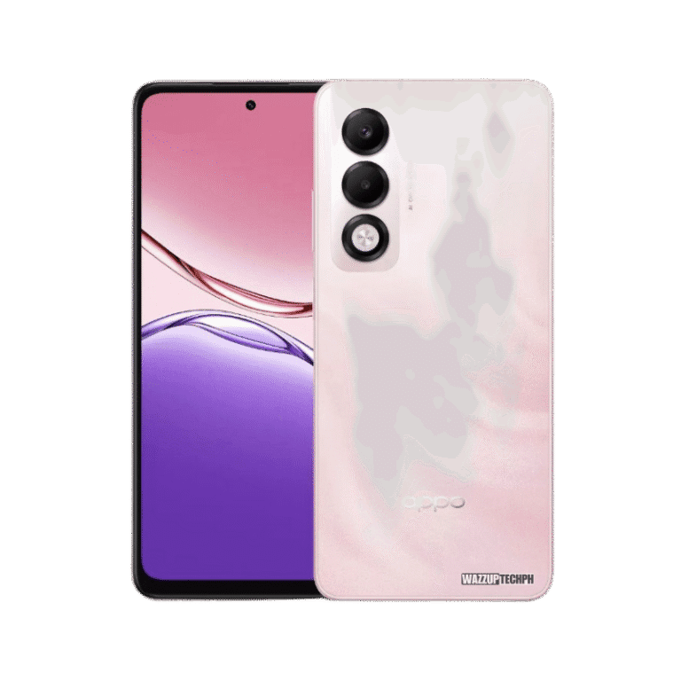 Oppo K13x A pink Oppo K13x smartphone is shown, showcasing both the front and back. The back features a triple-lens camera system.