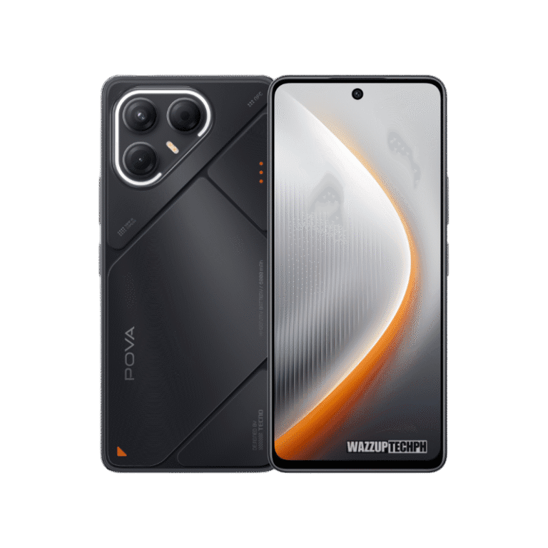 Tecno Pova 7 5G A sleek black Tecno Pova 7 5G smartphone is shown, displaying both the front and back. The back features a distinctive camera array and geometric design elements. The front showcases a vibrant, curved screen with an orange accent.