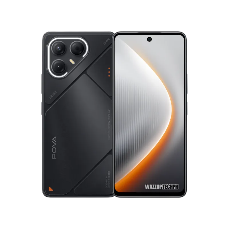 A sleek black Tecno Pova 7 5G smartphone is shown, displaying both the front and back. The back features a distinctive camera array and geometric design elements. The front showcases a vibrant, curved screen with an orange accent.