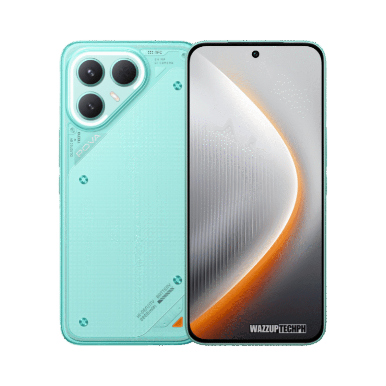 Tecno Pova 7 Pro Front and back view of the Tecno Pova 7 Pro 5G smartphone. The phone is mint green with a triple-lens camera system and features a sleek design.