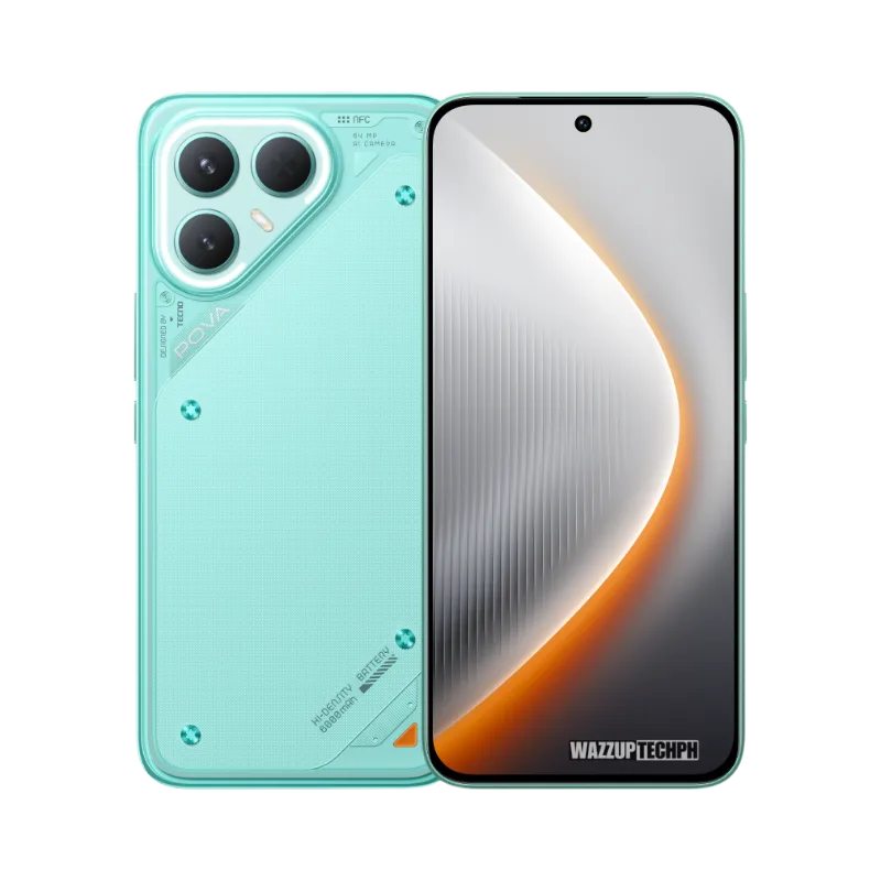 Front and back view of the Tecno Pova 7 Pro 5G smartphone. The phone is mint green with a triple-lens camera system and features a sleek design.