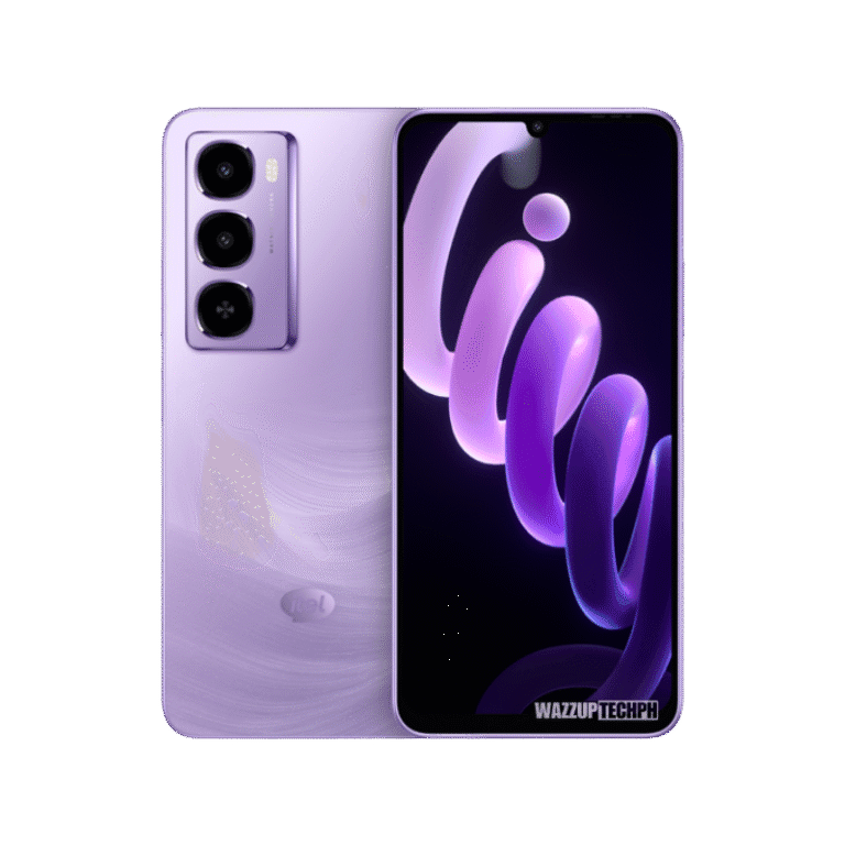 itel City 100 Product shot of the itel City 100 smartphone in a light purple or lavender color. The front displays an abstract purple and pink design, while the back shows a triple-lens camera and the itel logo.