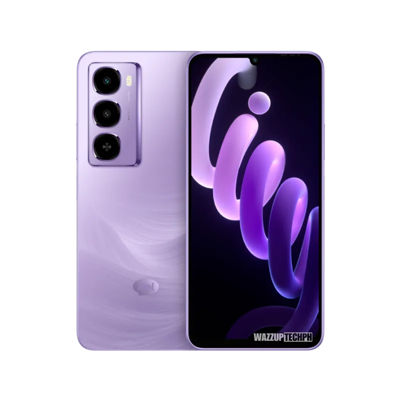 itel City 100 Product shot of the itel City 100 smartphone in a light purple or lavender color. The front displays an abstract purple and pink design, while the back shows a triple-lens camera and the itel logo.