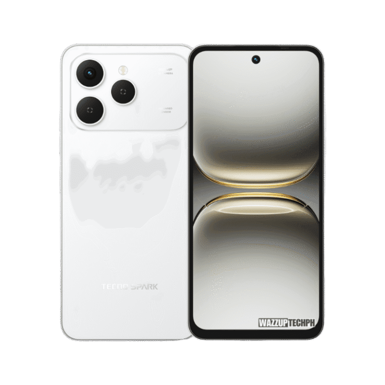 Tecno Spark 40 White Tecno Spark 40 smartphone shown from the front and back. The back features a triple-lens camera, and the front displays a reflective screen.