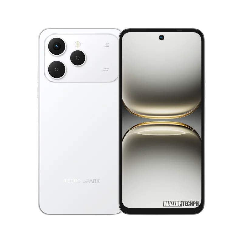 White Tecno Spark 40 smartphone shown from the front and back. The back features a triple-lens camera, and the front displays a reflective screen.