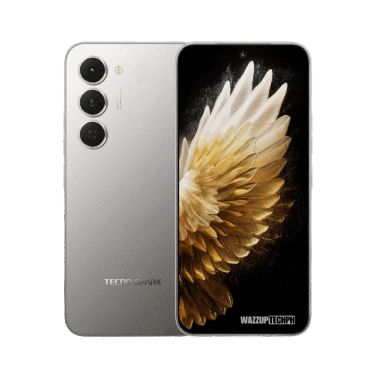 Tecno Spark 40 Pro A silver Tecno Spark 40 Pro smartphone is shown, displaying a gold and white wing design on its screen. The back of the phone reveals a triple-lens camera.