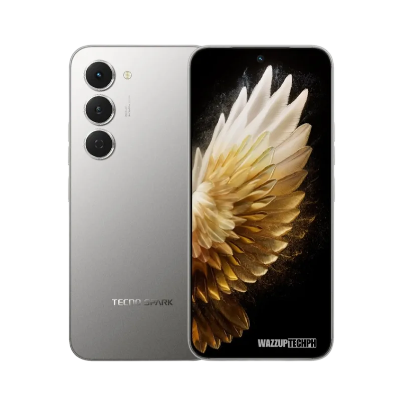 A silver Tecno Spark 40 Pro smartphone is shown, displaying a gold and white wing design on its screen. The back of the phone reveals a triple-lens camera.