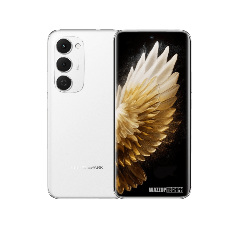 Tecno Spark 40 Pro+ A sleek white Tecno Spark 40 Pro+ phone is displayed, highlighting its triple-lens camera system on the back. The screen shows a striking image of golden wings against a dark background. The "WAZZUPTECHPH" watermark is visible at the bottom of the screen.