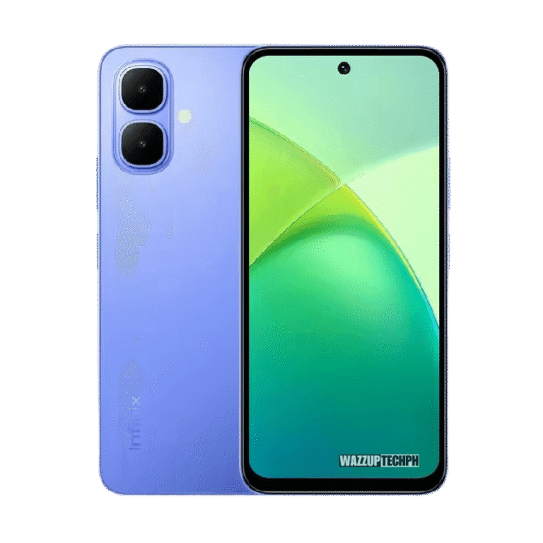 Infinix Smart 10 A light purple Infinix Smart 10 phone is shown, highlighting its dual-lens camera system on the back. The screen displays a gradient of green and teal colors. A "WAZZUPTECHPH" watermark is visible at the bottom of the screen.