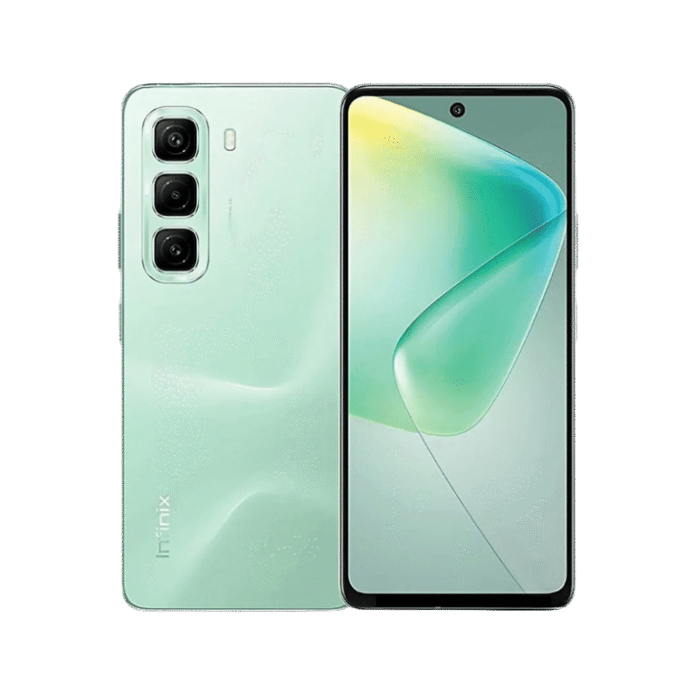 Infinix Hot 60i A light green Infinix Hot 60i smartphone is shown, displaying both the front and back. The back shows a triple-lens camera.