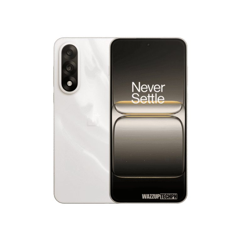 A white OnePlus Nord 5 smartphone is shown, with its back and screen facing the viewer. The screen displays the OnePlus slogan "Never Settle."