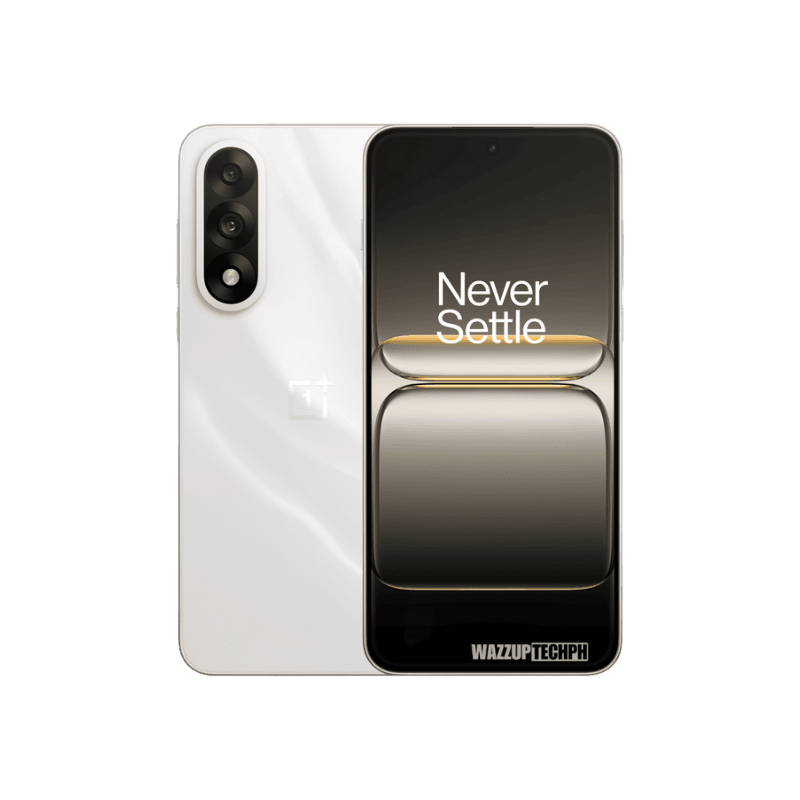 OnePlus Nord 5 A white OnePlus Nord 5 smartphone is shown, with its back and screen facing the viewer. The screen displays the OnePlus slogan "Never Settle."
