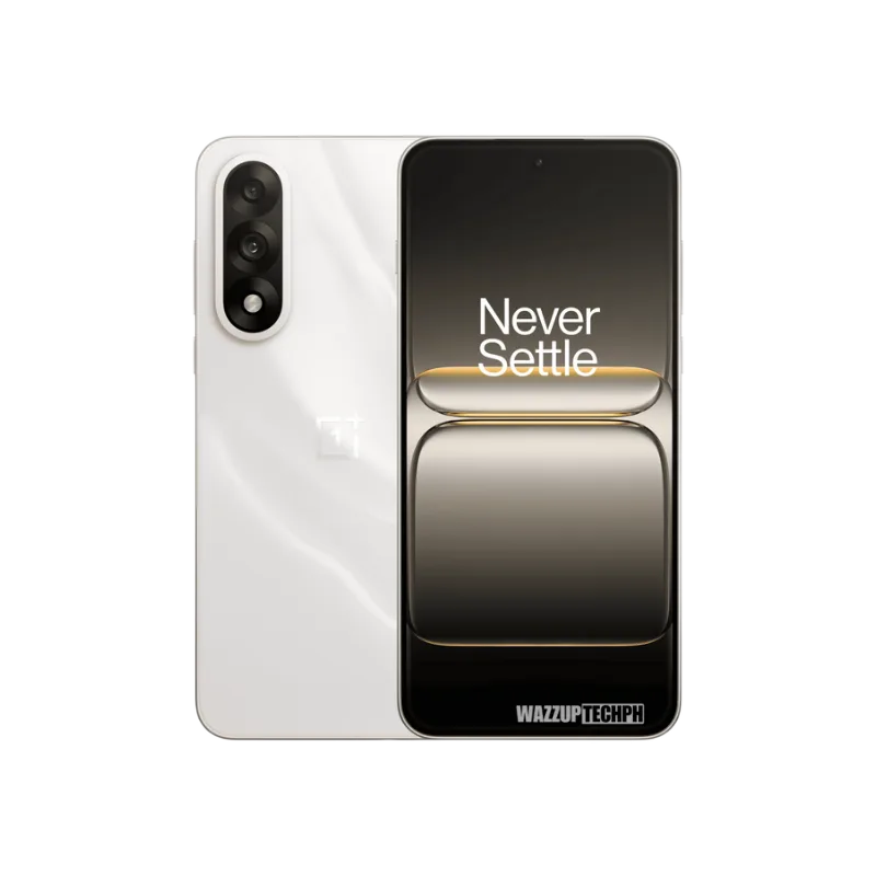 OnePlus Nord 5 A white OnePlus Nord 5 smartphone is shown, with its back and screen facing the viewer. The screen displays the OnePlus slogan "Never Settle."